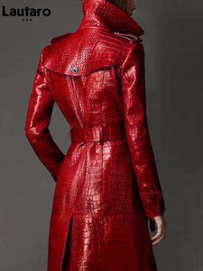 Long Red Crocodile Print Leather Trench Coat for Women