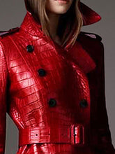 Load image into Gallery viewer, Long Red Crocodile Print Leather Trench Coat for Women
