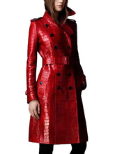 Load image into Gallery viewer, Long Red Crocodile Print Leather Trench Coat for Women
