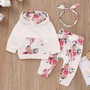 PatPat 3pcs Floral Print Hooded Long-sleeve Baby Set Pants and Headband