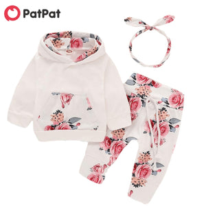 PatPat 3pcs Floral Print Hooded Long-sleeve Baby Set Pants and Headband