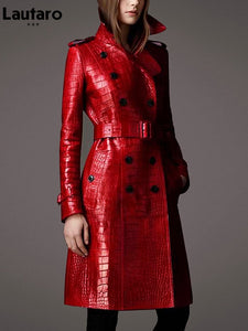 Long Red Crocodile Print Leather Trench Coat for Women