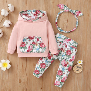 PatPat 3pcs Floral Print Hooded Long-sleeve Baby Set Pants and Headband