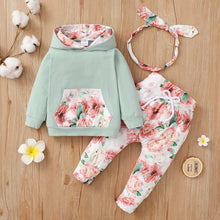 Load image into Gallery viewer, PatPat 3pcs Floral Print Hooded Long-sleeve Baby Set Pants and Headband
