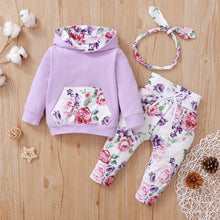 Load image into Gallery viewer, PatPat 3pcs Floral Print Hooded Long-sleeve Baby Set Pants and Headband
