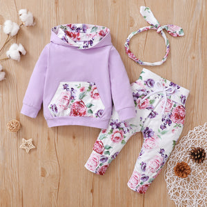 PatPat 3pcs Floral Print Hooded Long-sleeve Baby Set Pants and Headband