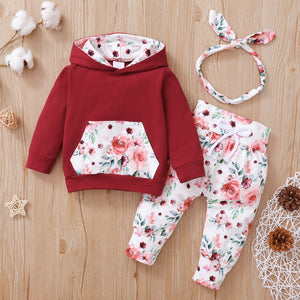 PatPat 3pcs Floral Print Hooded Long-sleeve Baby Set Pants and Headband