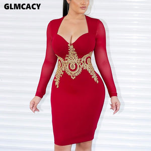 Women Lace Splicing Square Neck Long Sleeve Bodycon