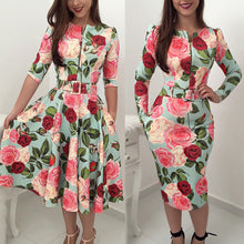 Load image into Gallery viewer, Fashion Women Dress Floral O Neck Long Sleeve High Waist Zipper Dress
