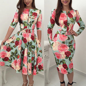 Fashion Women Dress Floral O Neck Long Sleeve High Waist Zipper Dress