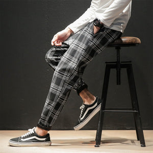 Streerwear Men Plaid PantsSlim Man Casual Trousers