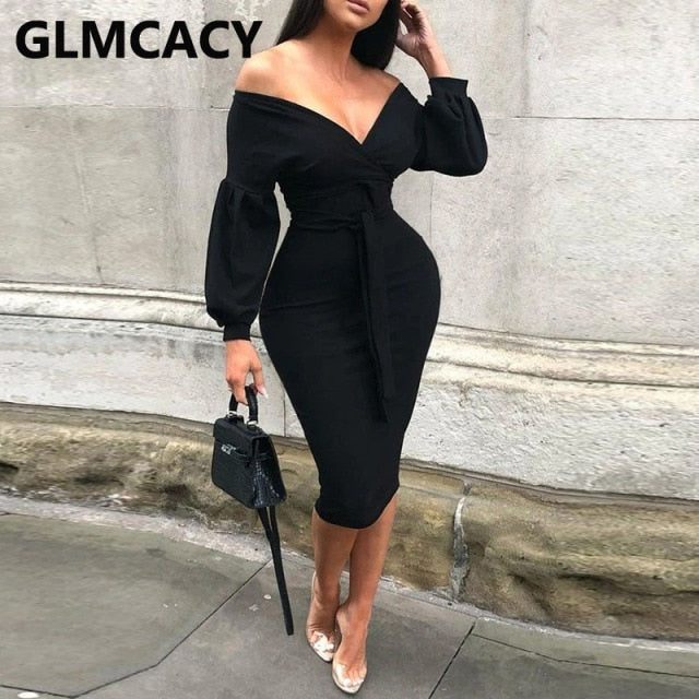 Women Long Sleeve V Neck Bodycon Dress Elegant