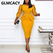 Load image into Gallery viewer, Plus Size 3XL Women 3/4 Sleeve High Waist Ruffles Midi Dress Classy Office Ladies Chic Work Dress
