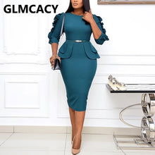 Load image into Gallery viewer, Plus Size 3XL Women 3/4 Sleeve High Waist Ruffles Midi Dress Classy Office Ladies Chic Work Dress
