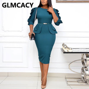 Plus Size 3XL Women 3/4 Sleeve High Waist Ruffles Midi Dress Classy Office Ladies Chic Work Dress