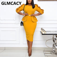 Load image into Gallery viewer, Plus Size 3XL Women 3/4 Sleeve High Waist Ruffles Midi Dress Classy Office Ladies Chic Work Dress
