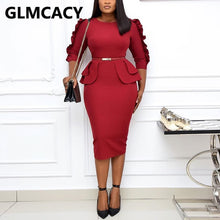 Load image into Gallery viewer, Plus Size 3XL Women 3/4 Sleeve High Waist Ruffles Midi Dress Classy Office Ladies Chic Work Dress
