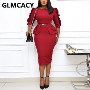 Plus Size 3XL Women 3/4 Sleeve High Waist Ruffles Midi Dress Classy Office Ladies Chic Work Dress