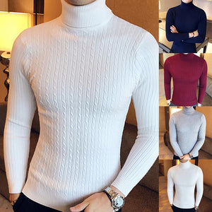 Casual Men Winter Solid Color Turtle Neck Long Sleeve Twist