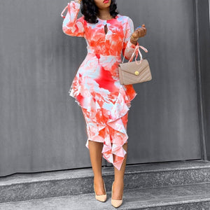 Round Neck Floral Printed Dress Slim