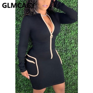 Women Casual Long Sleeve Zipper Front Bodycon Dress