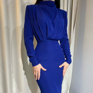 InstaHot Elegant Women Dress Stand Collar Slim Waist Solid Blue Ankle Length