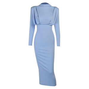 InstaHot Elegant Women Dress Stand Collar Slim Waist Solid Blue Ankle Length