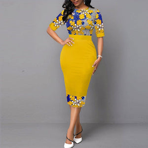 Floral Yellow Elegant Office Lady Dress