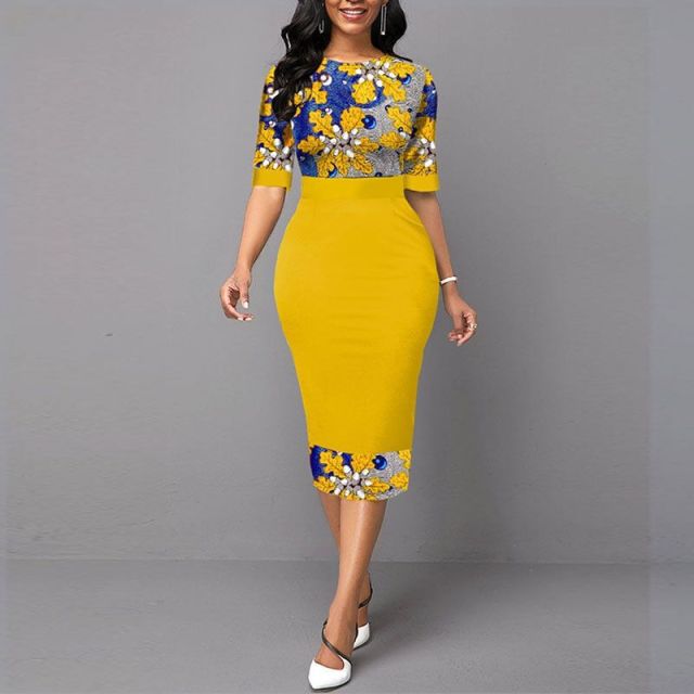 Floral Yellow Elegant Office Lady Dress