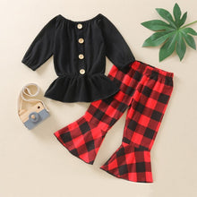 Load image into Gallery viewer, Solid color top and plaid speaker pants for children
