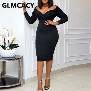 Women Long Sleeve V Neck Bodycon Dress Elegant Slinky Party Midi Dress