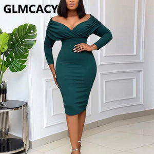 Women Long Sleeve V Neck Bodycon Dress Elegant Slinky Party Midi Dress