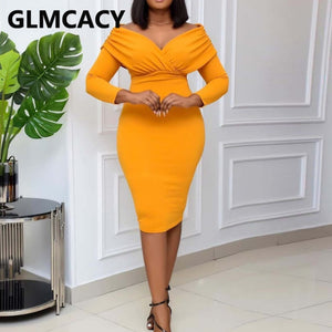 Women Long Sleeve V Neck Bodycon Dress Elegant Slinky Party Midi Dress