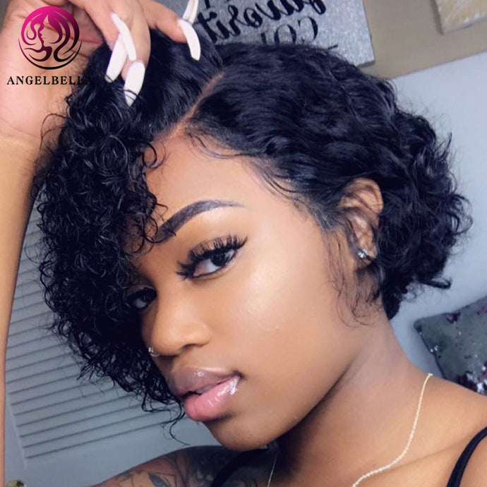 8 inch Short Curly Wigs 100% Human Hair Long Parting