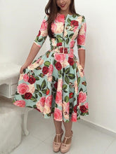 Load image into Gallery viewer, Fashion Women Dress Floral O Neck Long Sleeve High Waist Zipper Dress
