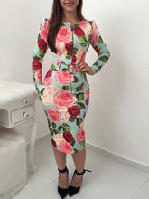 Load image into Gallery viewer, Fashion Women Dress Floral O Neck Long Sleeve High Waist Zipper Dress
