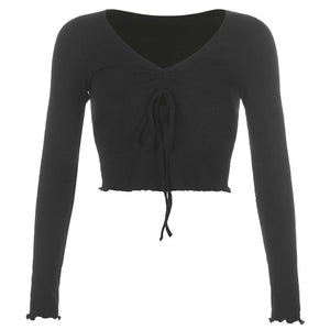 O-Neck Long Sleeve Crop Top Women