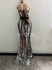 Sexy Mesh Perspective Sequins Party Long Dress