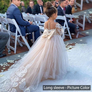 Ivory White Appliques Tulle Bowknot Ball Gown Flower Girls Dress