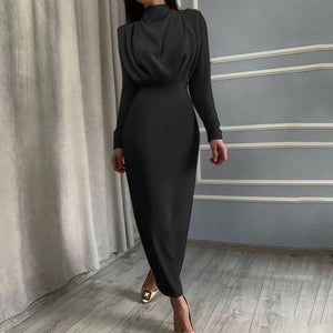 InstaHot Elegant Women Dress Stand Collar Slim Waist Solid Blue Ankle Length