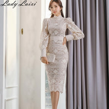 Load image into Gallery viewer, Elegant Slim Bodycon Lace Dress Women stand neck Long Sleeve
