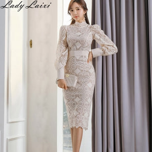 Elegant Slim Bodycon Lace Dress Women stand neck Long Sleeve