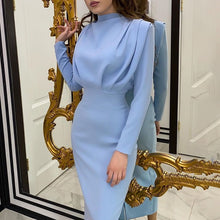 Load image into Gallery viewer, InstaHot Elegant Women Dress Stand Collar Slim Waist Solid Blue Ankle Length
