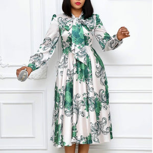 Women Long Sleeves Printed Dresses with Bowtie