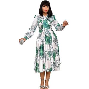 Women Long Sleeves Printed Dresses with Bowtie