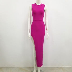 Winter Fashion Sexy Sleeveless Tassel Diamonds Hot Pink Long Bodycon