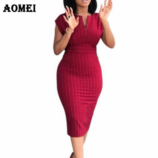 Dress Women Slim Elegant Striped Bodycon