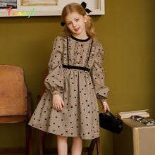 Load image into Gallery viewer, Spring Autumn 2022 Child Girl Dress Long Sleeve Ruched Dot Plaid Vintage Dress Elegant Teenager Kids Clothes Girls Vestidos 4-14
