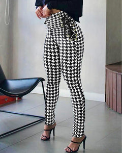 Women Elegant Fashion High Waist Houndstooth Print Eyelet Lace-up Skinny Pants