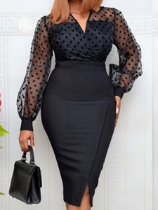 Women Sheer Long Sleeves Polka Dot Bodycon Dress